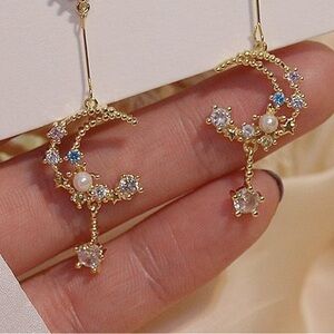 Gold Crescent Moon Pearl & Crystal Drop Earrings - Women Jewelry